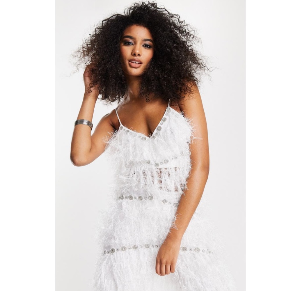ASOS LUXE Faux Feather Pants w Embellishment NWT White - Picture 4 of 7